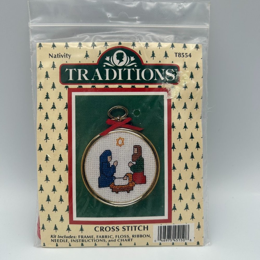 Traditions Cross Stitch T8554 Nativity w/ Frame & Ribbon Taiwan